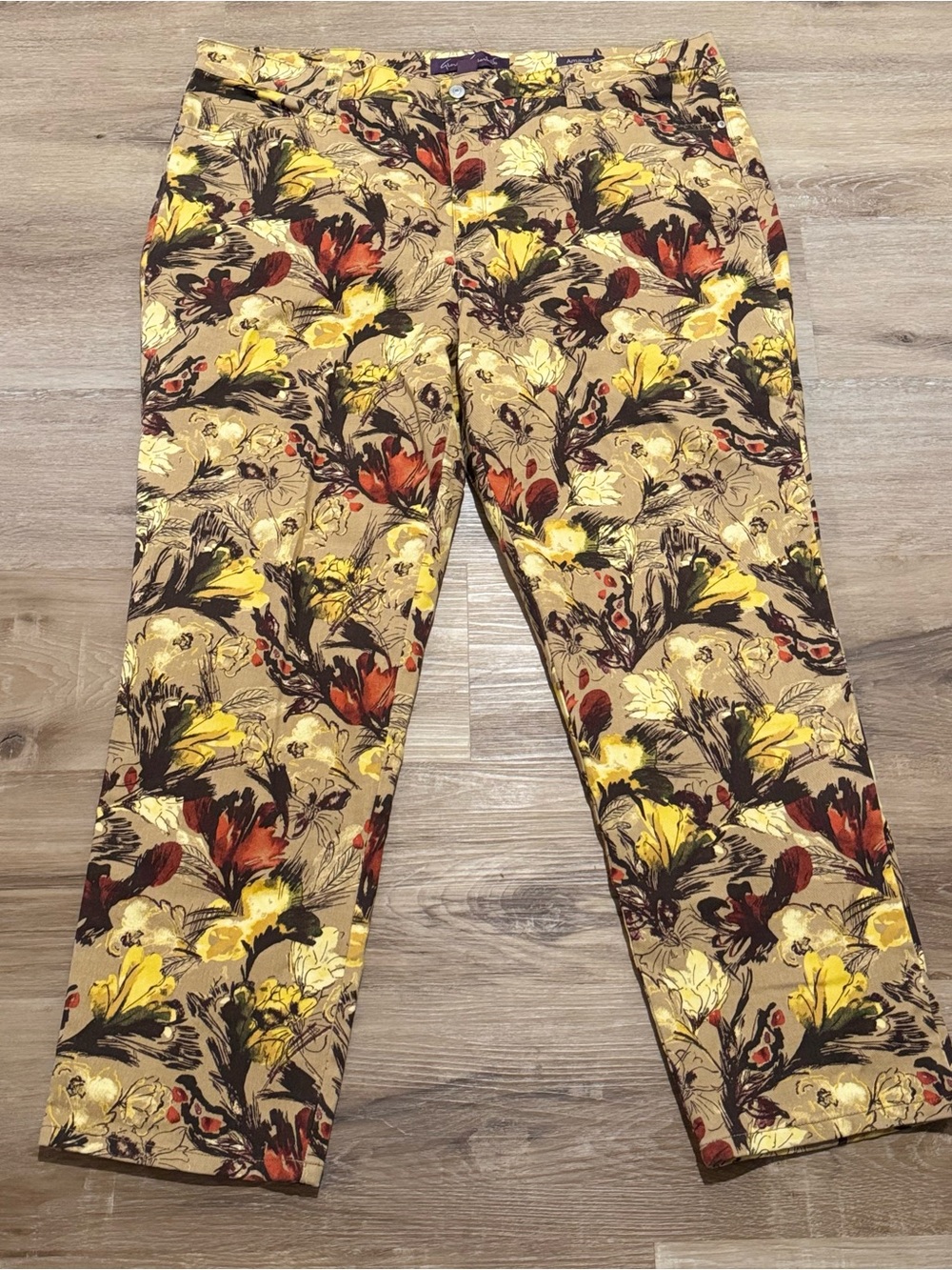 Gloria Vanderbilt Beige Floral Jeans with Yellow & Rust Accents